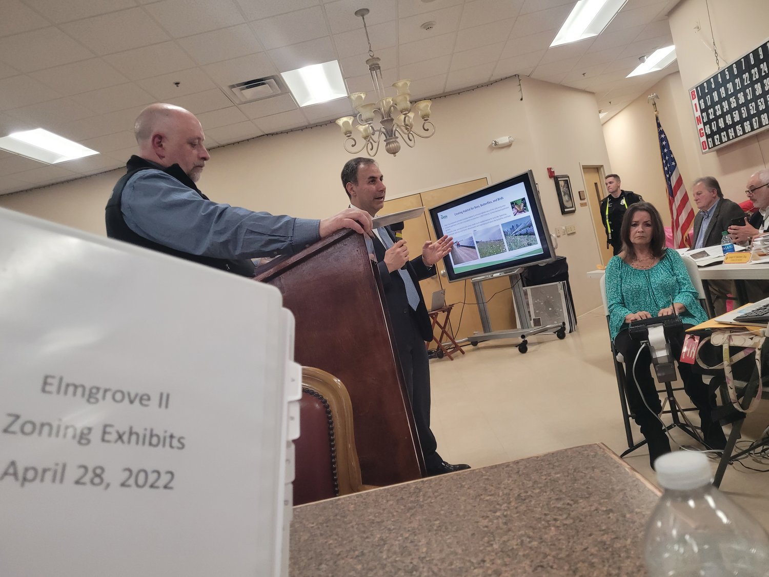 GREEN’S CASE: Kevin Morin, of Green Development, and their attorney, Joe Mancini, argued for solar field project special use permit approval before the Johnston Zoning Board at a public hearing on April 28.